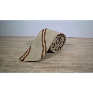 Vintage 1970s Hansom Wide Necktie Beige Brown Striped Dacron Polyester Retro Tie